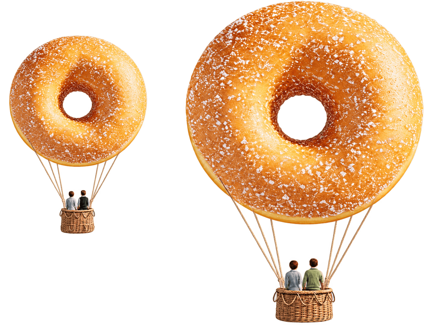Two doughnut-shaped hot-air balloons floating above the clouds