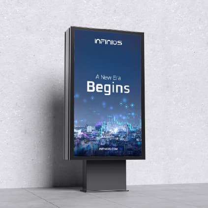 An Infinios digital advertising board reading “A New Era Begins”