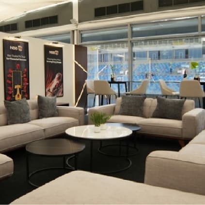 The NBB Formula 1 Paddock Lounge, its sofas facing the circuit