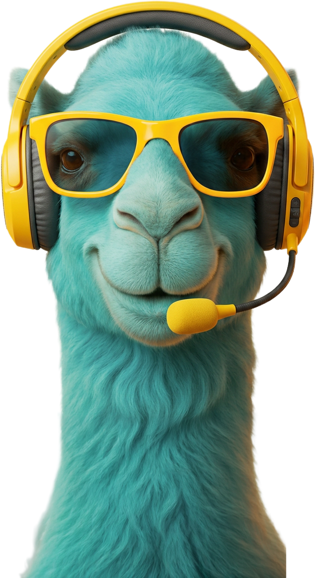 Red Scarf camel mascot wearing a headset